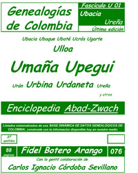 Este libro incluye los apellidos: 
Ubacia, Ubalá, Ubaldes, Ubalte, Ubaque, Ubaté, Ubativa, Ubierna, Ubieta, Uchuvo, Ucrós, Ugalde, Ugarriza, Ugarte, Ughetti, Uhart, Ujueta, Ulloa, Umaña, Umba, Umbarila, Umbarita, Umbradilla, Unda, Une, Unives, Upegui, Uprimny, Urán, Urazán, Urbano, Urbina, Urdanegui, Urdaneta, Urdinola, Ureña